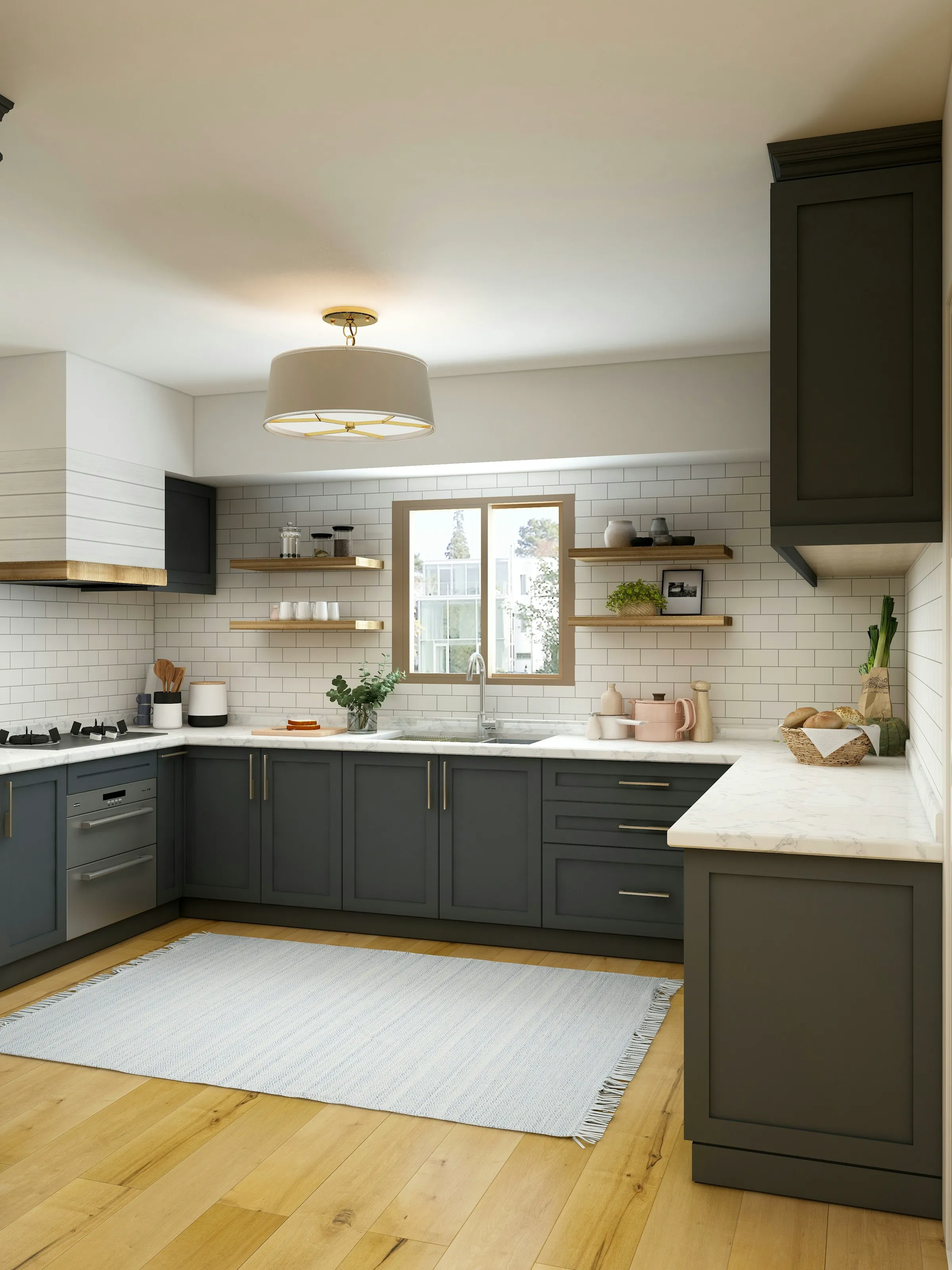 Kitchen window centered over the sink with open shelves